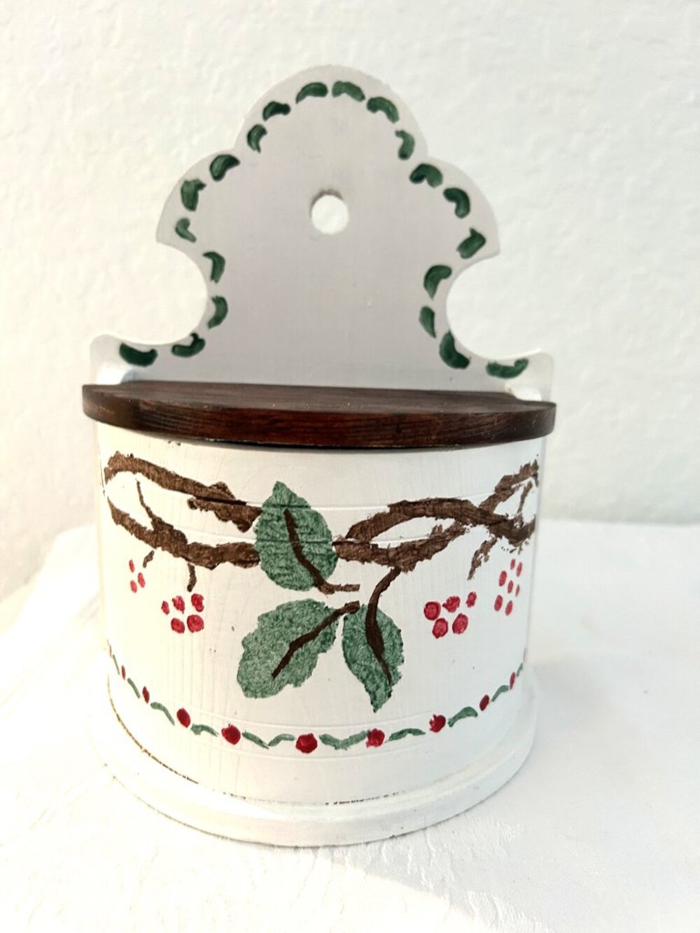 Vintage French Country Hand-Painted Hanging Salt Box